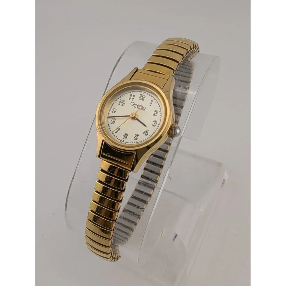 Vintage Caravelle Bulova Women's Watch 19mm Case Gold Stretch Band- New Battery